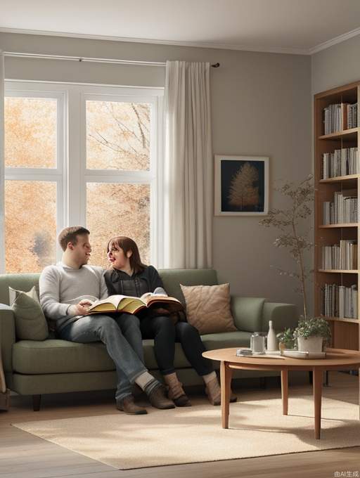 The background is a winter scene with trees and fallen leaves, creating a changing atmosphere of the seasons. In the center of the frame is an indoor scene with two people sitting comfortably on the sofa, seemingly enjoying the warmth of winter. Next to the sofa is a small coffee table with some refreshments or books on it, adding to the atmosphere of life.