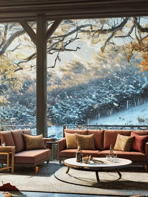 background is a winter scene with trees and fallen leaves, seasons. In the center, indoor scene with two people sitting, sofa, sofa, table, refreshments