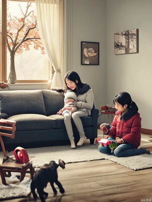 A cozy indoor scene during the winter season, featuring the Chinese "Lidong" (Beginning of Winter) theme. The room is bathed in warm, inviting colors that evoke a sense of comfort and warmth. A comfortable sofa is the centerpiece, with a child playing joyfully with toys on the floor and an elderly person sitting on the sofa, smiling affectionately at the child. The background suggests a winter setting with trees and fallen leaves visible through a window. The atmosphere is one of familial warmth and contentment, perfect for a seasonal advertisement. --v 5 --ar 16:9 --Q version,