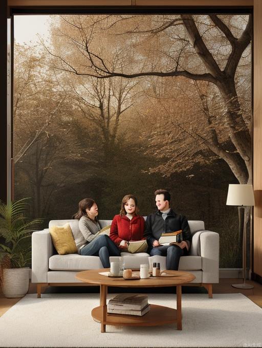 The background is a winter scene with trees and fallen leaves, creating a changing atmosphere of the seasons. In the center of the frame is an indoor scene with two people sitting comfortably on the sofa, seemingly enjoying the warmth of winter. Next to the sofa is a small coffee table with some refreshments or books on it.