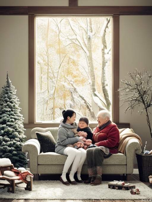 A cozy indoor scene during the winter season, featuring the Chinese "Lidong" (Beginning of Winter) theme. The room is bathed in warm, inviting colors that evoke a sense of comfort and warmth. A comfortable sofa is the centerpiece, with a child playing joyfully with toys on the floor and an elderly person sitting on the sofa, smiling affectionately at the child. The background suggests a winter setting with trees and fallen leaves visible through a window. The atmosphere is one of familial warmth and contentment, perfect for a seasonal advertisement. 