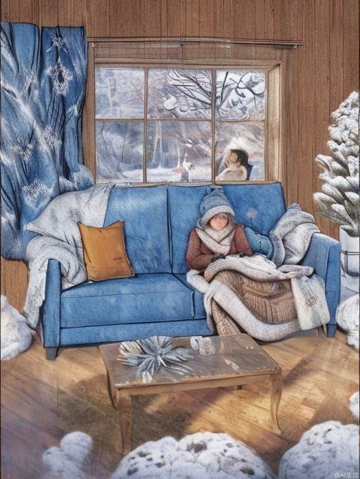 The background is a winter scene with trees and fallen leaves, creating a changing atmosphere of the seasons. In the center of the frame is an indoor scene with two people sitting comfortably on the sofa, seemingly enjoying the warmth of winter. Next to the sofa is a small coffee table with some refreshments or books on it.