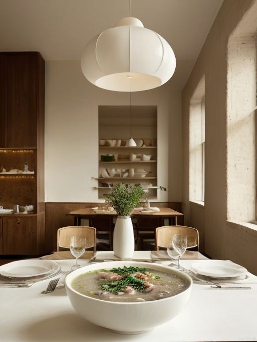 A bowl of steaming mutton soup is placed on a white dining table with a sunny dining room in the background