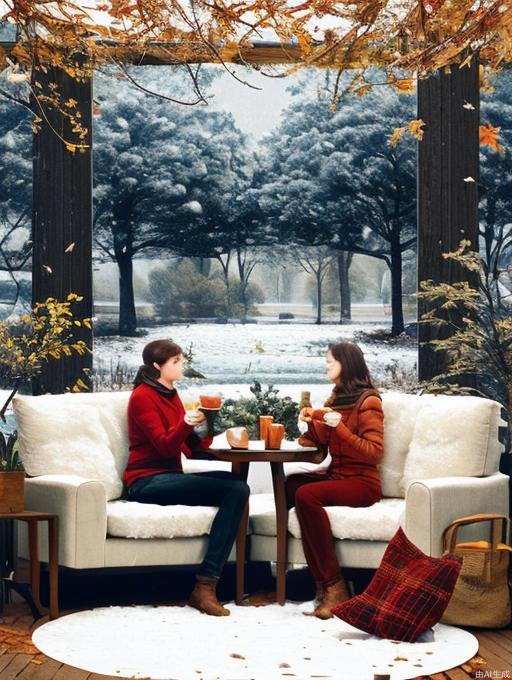 background is a winter scene with trees and fallen leaves，snow. In the center, indoor scene with two people sitting, sofa, sofa, table, refreshments