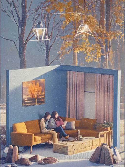 The background is a winter scene with trees and fallen leaves, creating a changing atmosphere of the seasons. In the center of the frame is an indoor scene with two people sitting comfortably on the sofa, seemingly enjoying the warmth of winter. Next to the sofa is a small coffee table with some refreshments or books on it.