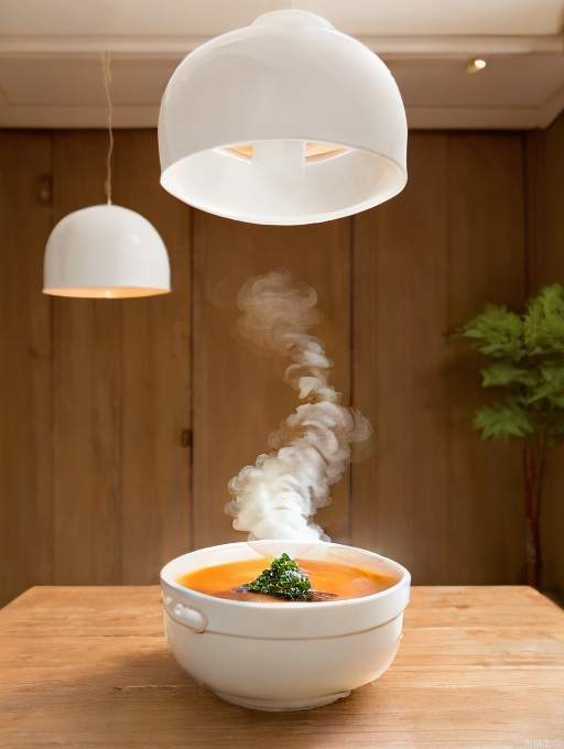 A bowl of steaming soup is placed on a white dining table with a sunny dining room in the background