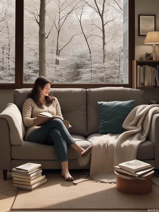 The background is a winter scene with trees and fallen leaves, creating a changing atmosphere of the seasons. In the center of the frame is an indoor scene with two people sitting comfortably on the sofa, seemingly enjoying the warmth of winter. Next to the sofa is a small coffee table with some refreshments or books on it, adding to the atmosphere of life.