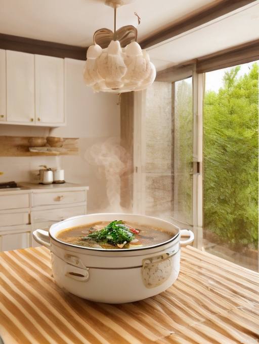 A bowl of steaming soup is placed on a white dining table with a sunny dining room in the background