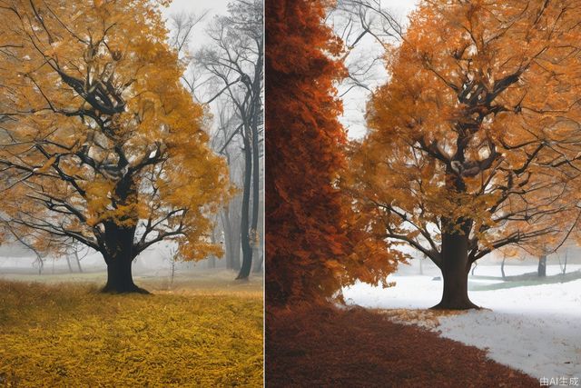 the same tree ，the picture's left is autumn ，right is winter