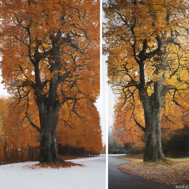 the same tree ，the picture's left is autumn ，right is winter