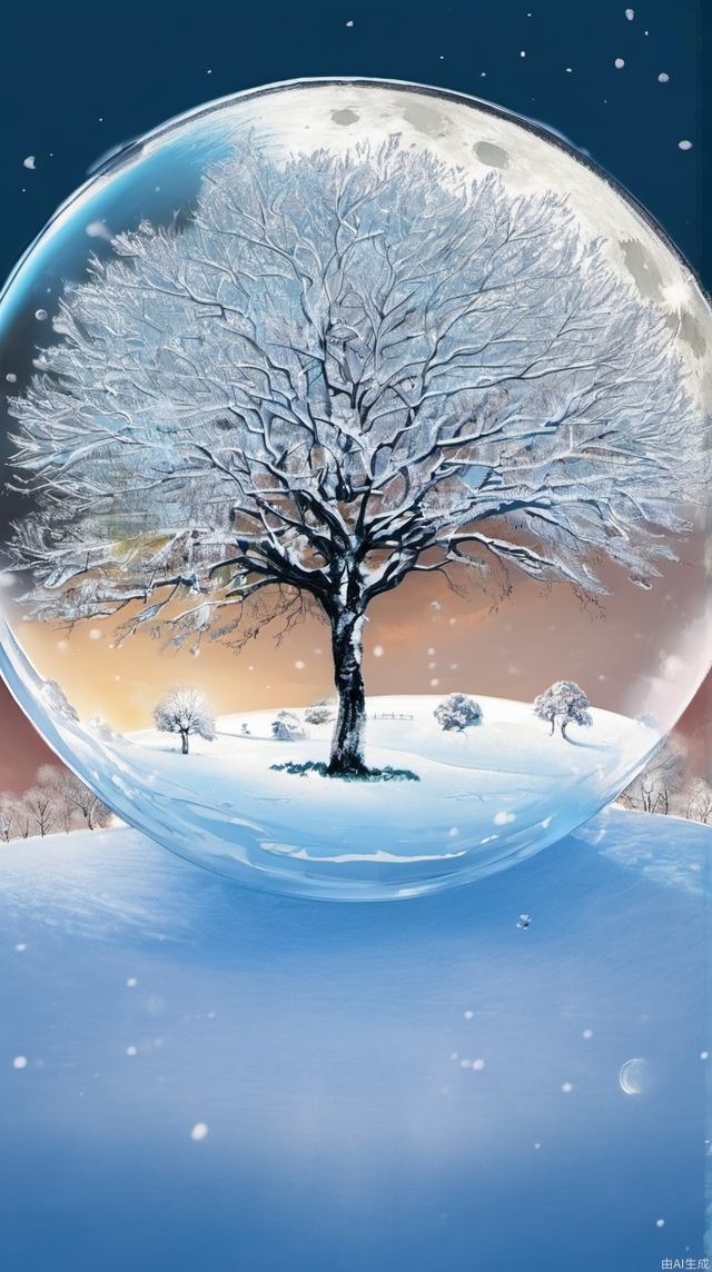 tree、moon、snow, bubble