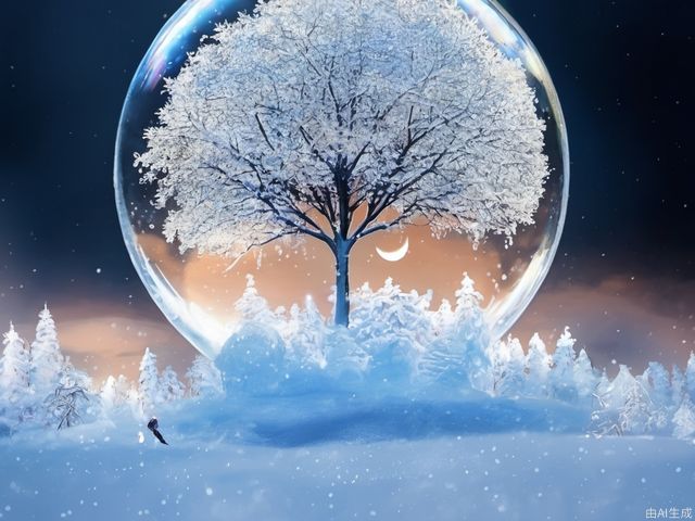 tree、moon、snow, bubble