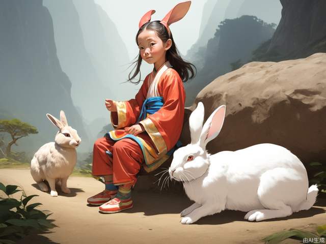 Journey to the west, Chang'e, teen, toddler, next to a realistic rabbit