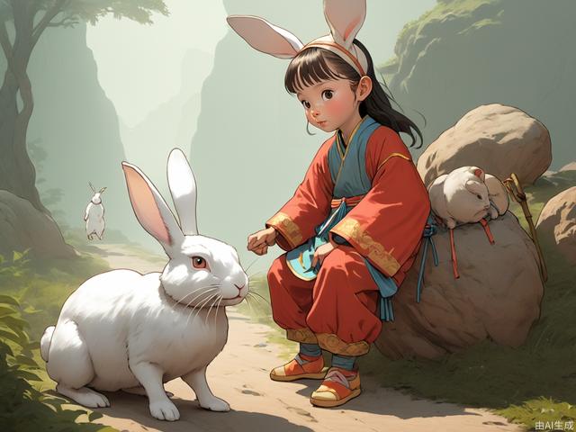 Journey to the west, Chang'e, teen, toddler, next to a realistic rabbit