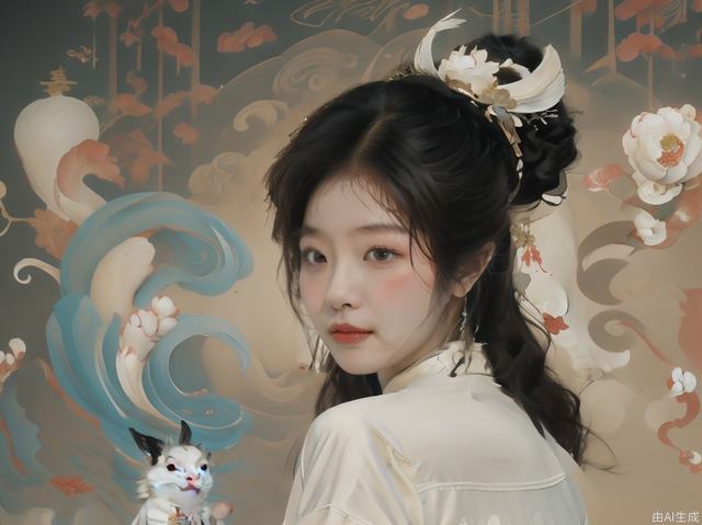 Journey to the west, Chang'e, teen, toddler, next to a white rabbit