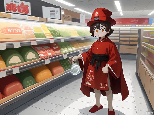 Animation style, full body photo, round face, big brown eyes, the main body of the character stands far away, young kitchen god, wearing a red official hat, wearing a red robe printed with the word Fu, the official hat is inlaid with an oval-shaped luminous jade, holding magnifying glass, checking food safety in the supermarket, the expression is serious, the picture is clean and bright as a whole, rich