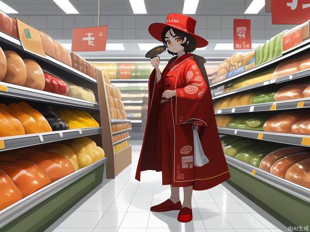 Animation style, full body photo, round face, big brown eyes, the main body of the character stands far away, young kitchen god, wearing a red official hat, wearing a red robe printed with the word Fu, the official hat is inlaid with an oval-shaped luminous jade, holding magnifying glass, checking food safety in the supermarket, the expression is serious, the picture is clean and bright as a whole, rich