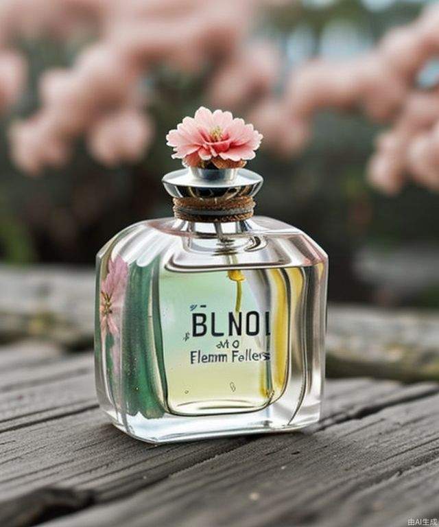 Perfume, flowers, blurry background.