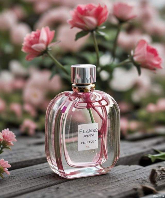 Perfume, flowers, blurry background.