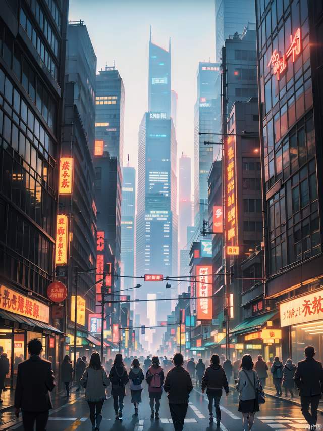 (Style like Studio Ghibli), (Masterpiece, highest quality), Cyberpunk, Shanghai streets in the sunshine afternoon, Skyscrapers, Neon lights, People coming and going
