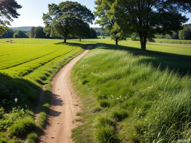 Real photo, on a sunny afternoon, green fields with a field path in the middle