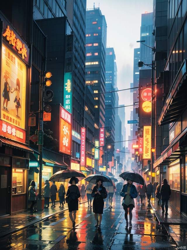 (style of studio ghibli), (masterpiece, best quality), Cyberpunk, rainy city streets, tall buildings, neon lights, people coming and going