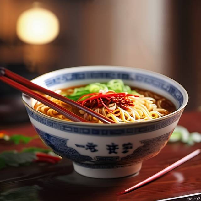 A bowl of noodles made in Chengdu, spicy, delicious food, realistic, 8k close shot, best quality, blurry background