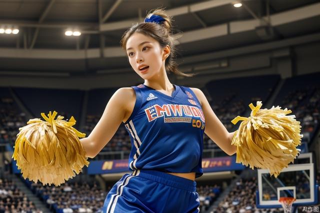 (masterpiece:1.2), (best quality:1.3), highres, sharp focus, absurdres, extremely delicate and beautiful, nice hand, perfect hand, 1girl,Cheerleader in an basketball court, dressed in a vibrant uniform, energetically waving metallic pom-poms, leaping off a pyramid of teammates, (cowboy shot:1.1),(Nikon AF-S 105mm f/1.4E ED)