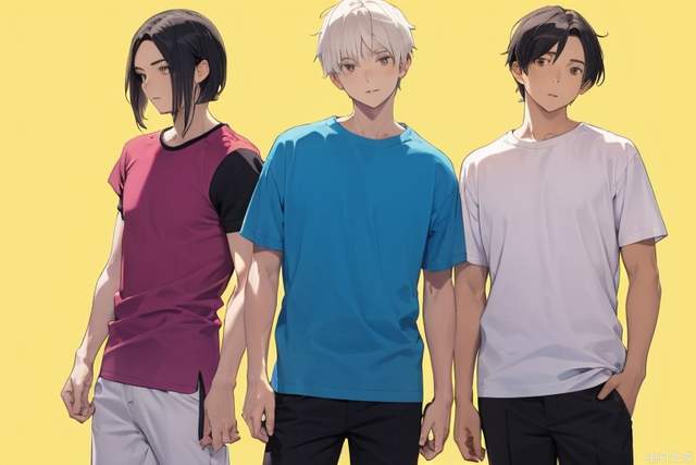 Three wearing purple and white gradual change color short-sleeved T-shirts and black short-sleeved T-shirts