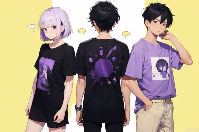 Three wearing purple and white gradual change color short-sleeved T-shirts and black short-sleeved T-shirts