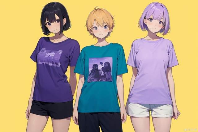 Three wearing purple and white gradual change color short-sleeved T-shirts and black short-sleeved T-shirts