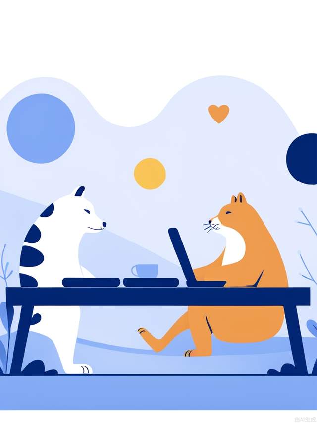 an artwork,room chat computer,in the style of 2d game art,characterized animals,dmitry vishnevsky,blue and white,cute and dreamy,editorial illustrations,zeiss batis 18mm f/2.8,