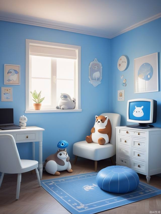 an artwork,room chat computer,in the style of 2d game art,characterized animals,dmitry vishnevsky,blue and white,cute and dreamy,editorial illustrations,zeiss batis 18mm f/2.8,