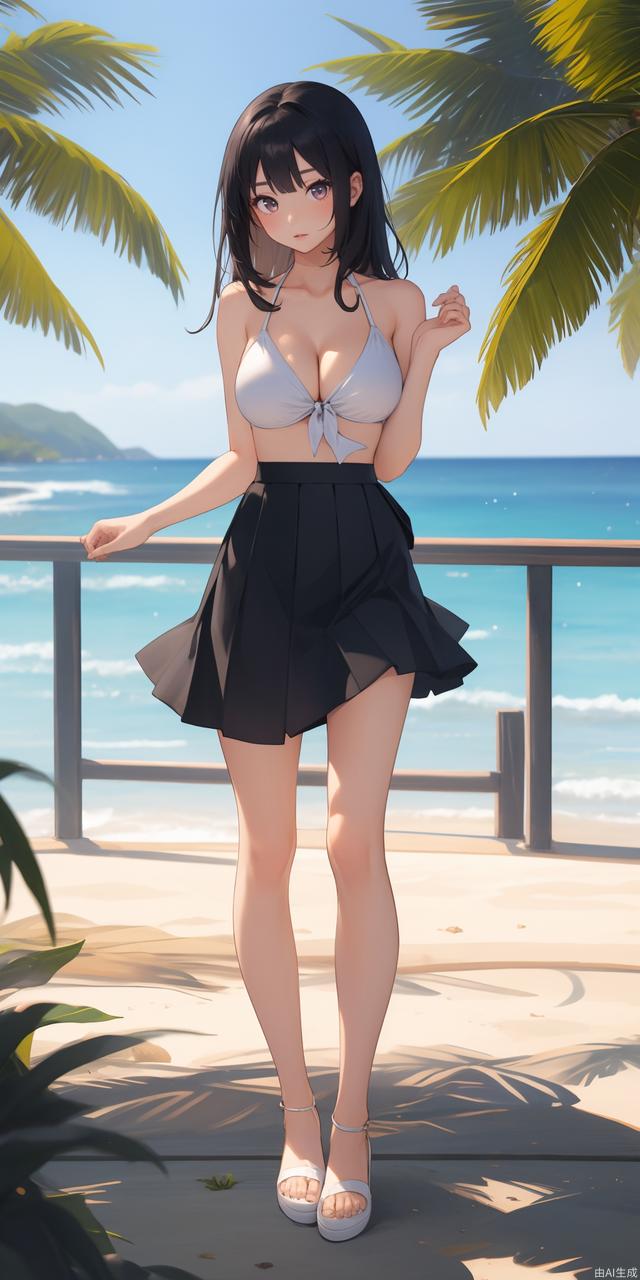 1 girl, beautiful, full body, best quality, masterpiece, reality photo, cute, big breasts, thin, bare shoulders, collarbonea, unbuttoned clothes, slender waist, (thin and long legs), in summer, bikini_skirt, sweet, black hair