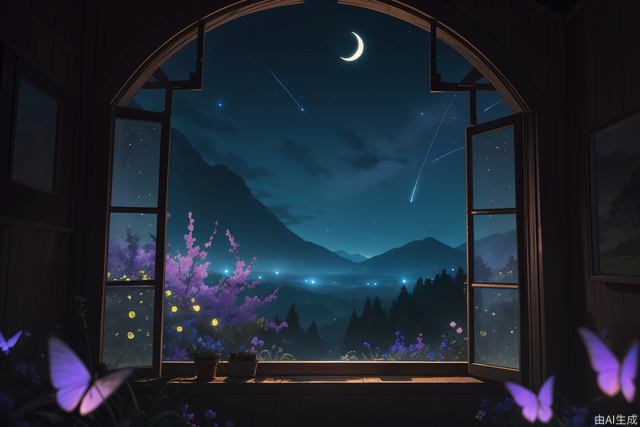 official wallpaper, cozy den interior, view through window, stunning night vista, (fireflies) illuminating, (glowing flowers), silhouette of distant mountains, serene ambiance, meteor streak, (crescent moon), enhanced tranquility, beautiful wallpaper-worthy scene, slight emphasis on (luminosity and wonder), best quality, masterpiece, high definition