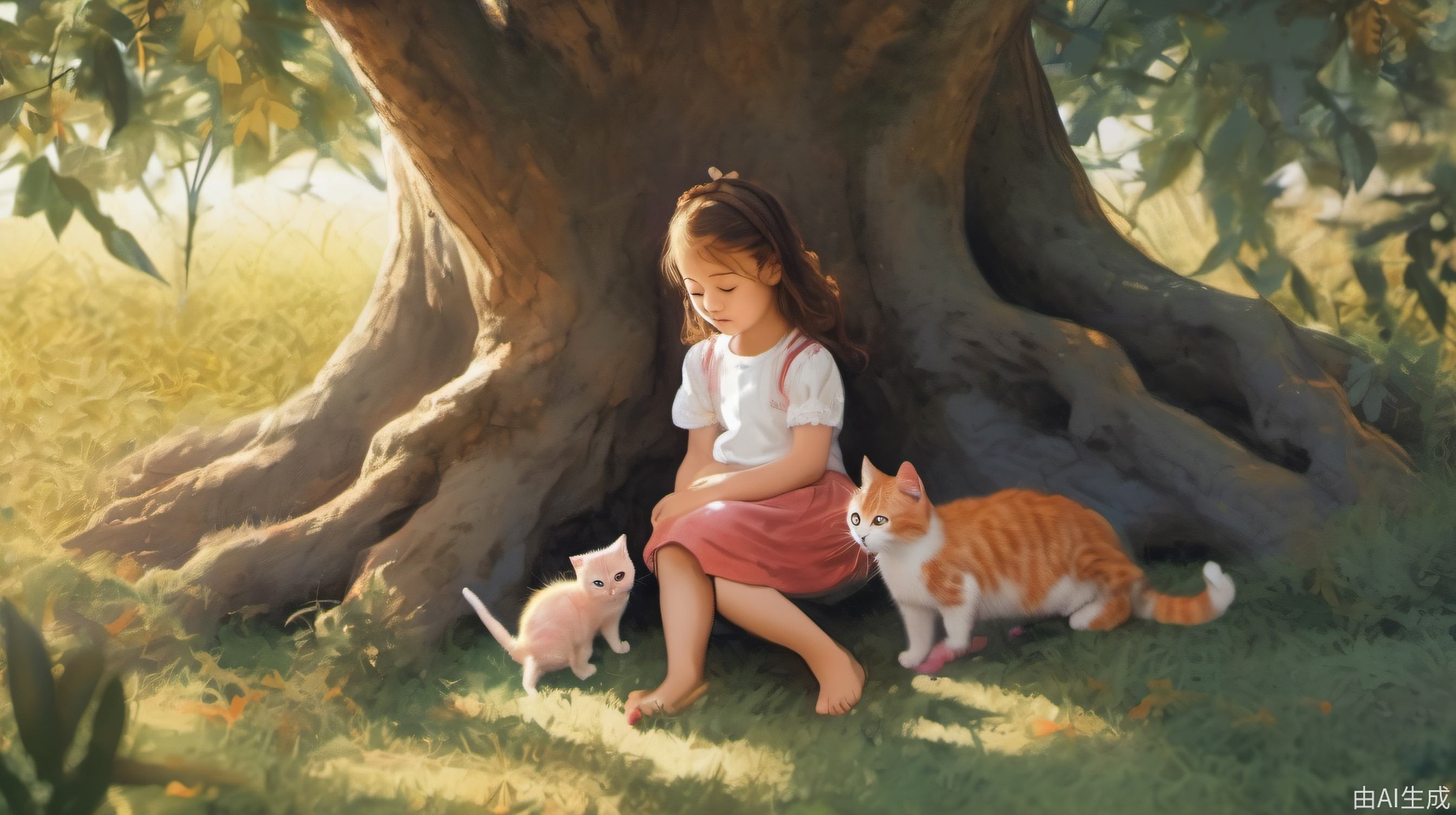 小女孩正在摸树下的猫