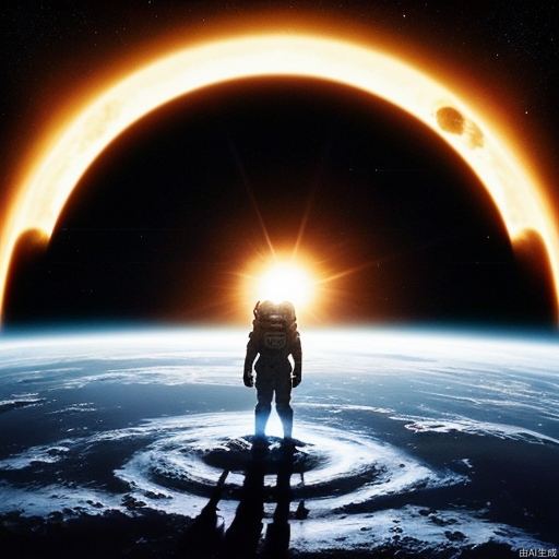 The Moon, centered, casts a dark umbra on Earth, depicting the path of totality. The Sun, in radiant oranges and yellows, forms a stunning corona effect around the Moon, all aligned casting a fading black hole sun halo in the space, orbit space vfx, exosphere, cosmic, astral, quantic, cold and warm,energy-filled epic science fiction film concept digital art by maciej kuciara and vincent di fate,1998 NASA photo, hasselblad electric camera 70mm film, skylab flashlight photography, in the style of Interstellar by Christopher Nolan

