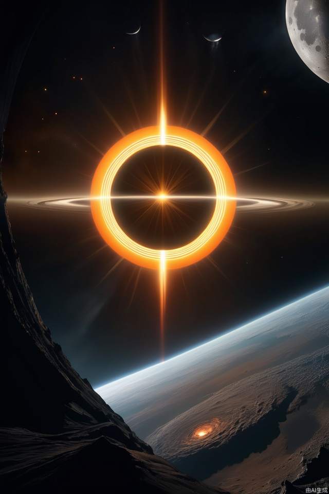 The Moon, centered, casts a dark umbra on Earth, depicting the path of totality. The Sun, in radiant oranges and yellows, forms a stunning corona effect around the Moon, all aligned casting a fading black hole sun halo in the space, orbit space vfx, exosphere, cosmic, astral, quantic, cold and warm,energy-filled epic science fiction film concept digital art by maciej kuciara and vincent di fate,1998 NASA photo, hasselblad electric camera 70mm film, skylab flashlight photography, in the style of Interstellar by Christopher Nolan

