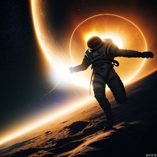 The Moon, centered, casts a dark umbra on Earth, depicting the path of totality. The Sun, in radiant oranges and yellows, forms a stunning corona effect around the Moon, all aligned casting a fading black hole sun halo in the space, orbit space vfx, exosphere, cosmic, astral, quantic, cold and warm,energy-filled epic science fiction film concept digital art by maciej kuciara and vincent di fate,1998 NASA photo, hasselblad electric camera 70mm film, skylab flashlight photography, in the style of Interstellar by Christopher Nolan

