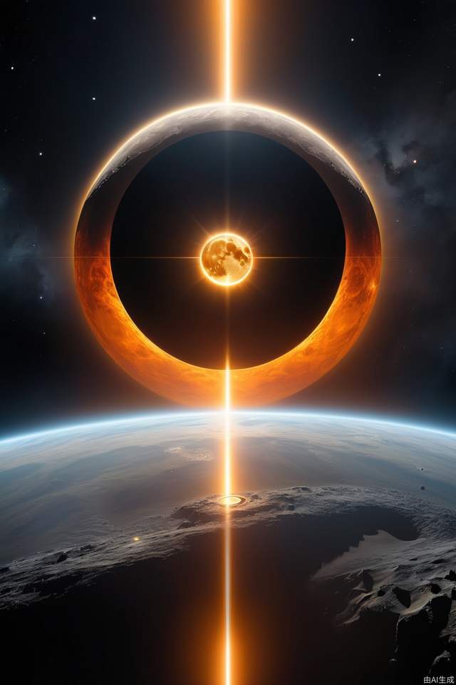 The Moon, centered, casts a dark umbra on Earth, depicting the path of totality. The Sun, in radiant oranges and yellows, forms a stunning corona effect around the Moon, all aligned casting a fading black hole sun halo in the space, orbit space vfx, exosphere, cosmic, astral, quantic, cold and warm,energy-filled epic science fiction film concept digital art by maciej kuciara and vincent di fate,1998 NASA photo, hasselblad electric camera 70mm film, skylab flashlight photography, in the style of Interstellar by Christopher Nolan

