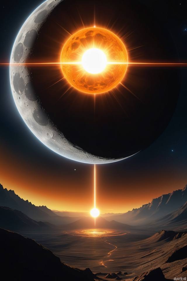 The Moon, centered, casts a dark umbra on Earth, depicting the path of totality. The Sun, in radiant oranges and yellows, forms a stunning corona effect around the Moon, all aligned casting a fading black hole sun halo in the space, orbit space vfx, exosphere, cosmic, astral, quantic, cold and warm,energy-filled epic science fiction film concept digital art by maciej kuciara and vincent di fate,1998 NASA photo, hasselblad electric camera 70mm film, skylab flashlight photography, in the style of Interstellar by Christopher Nolan

