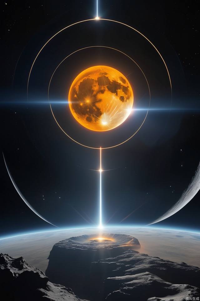 The Moon, centered, casts a dark umbra on Earth, depicting the path of totality. The Sun, in radiant oranges and yellows, forms a stunning corona effect around the Moon, all aligned casting a fading black hole sun halo in the space, orbit space vfx, exosphere, cosmic, astral, quantic, cold and warm,energy-filled epic science fiction film concept digital art by maciej kuciara and vincent di fate,1998 NASA photo, hasselblad electric camera 70mm film, skylab flashlight photography, in the style of Interstellar by Christopher Nolan

