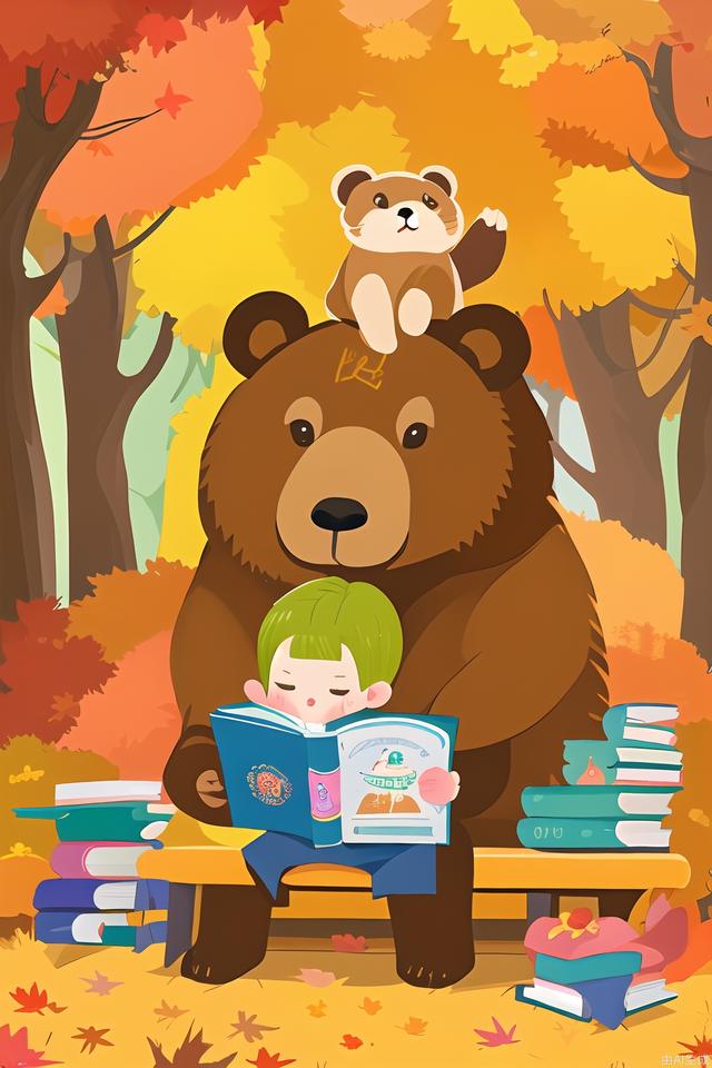 Chibi,cover,poster,english texta brown bear sitting on top of a bench next to a pile of books and holding an umbrella over his head, autumn, Diego Gisbert Llorens, plein air, a storybook illustration