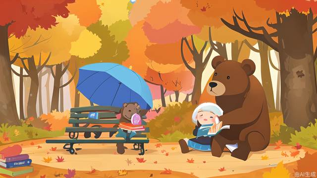 Chibi,cover,poster,english texta brown bear sitting on top of a bench next to a pile of books and holding an umbrella over his head, autumn, Diego Gisbert Llorens, plein air, a storybook illustration