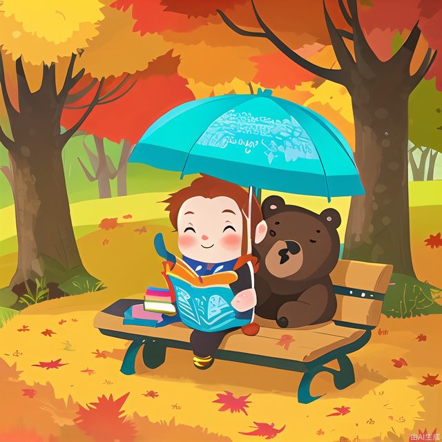 Chibi,cover,poster,english texta brown bear sitting on top of a bench next to a pile of books and holding an umbrella over his head, autumn, Diego Gisbert Llorens, plein air, a storybook illustration