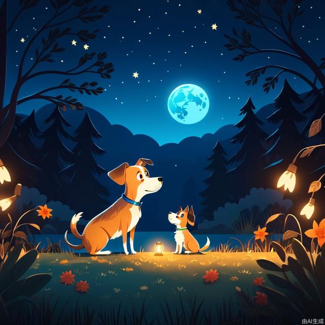 Children's Illustration Style,night, a dog. cinematic photo, 4k, highly detailed, uhd image, intricate details detailed scene background, detailed, 8k, trending, amazing art, colorful