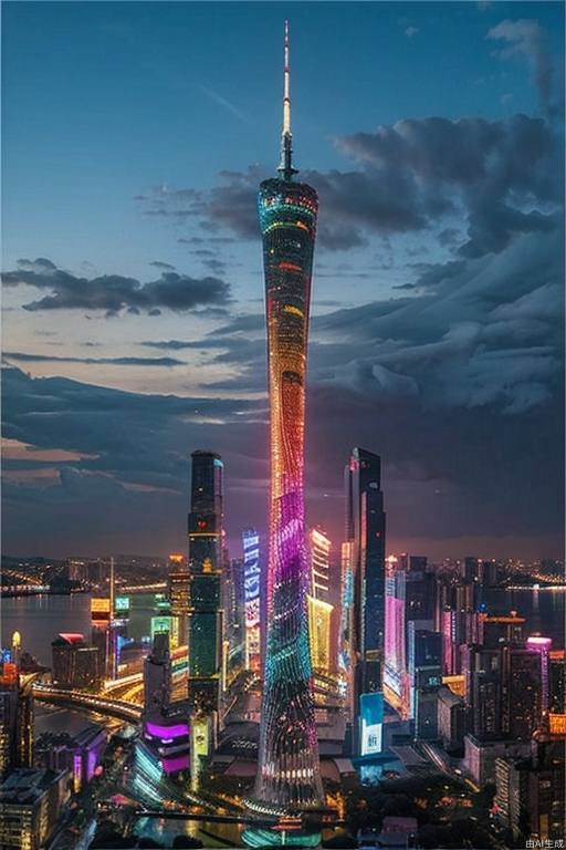 GZT, Night, (Masterpiece, Highest Quality), Cyberpunk, Skyscraper, Neon, Overlook View