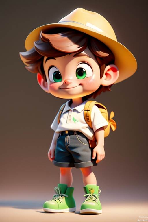 C4D,(masterpiece: 1.2), best quality, high resolution, very detailed CG, perfect lighting, 8k wallpaper, single person, 1boy, male focus, smile, smile, yellow hat, shorts, brown hair, brown shoes, socks, bracelets, backpacks, shirts, belts, standing, green eyes, whole body, blank background, white socks, white shirts, shoes, boys, boots, red Hair, Short Sleeve, Yellow Headwear, MG_ip, Pixar, Crocodile, Cute, Pet