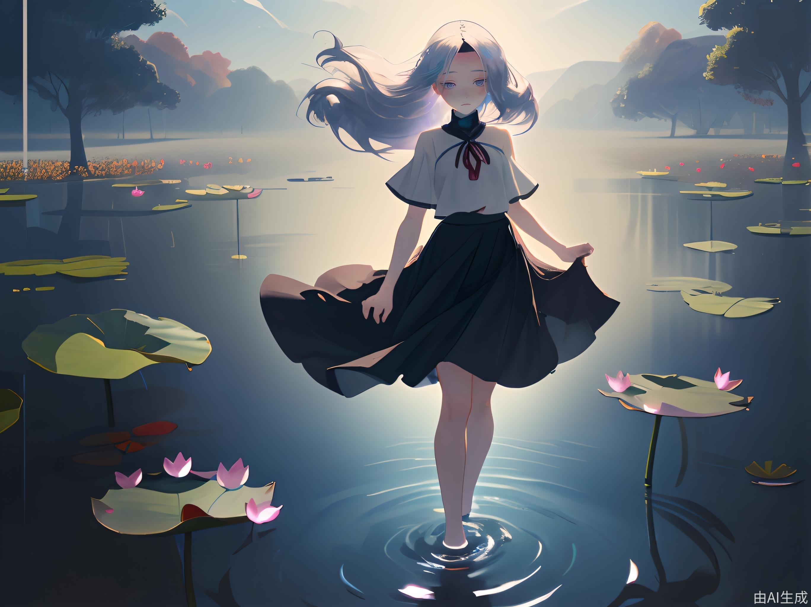 她独自站在远处，穿着朴素的衣服，纤细曼妙