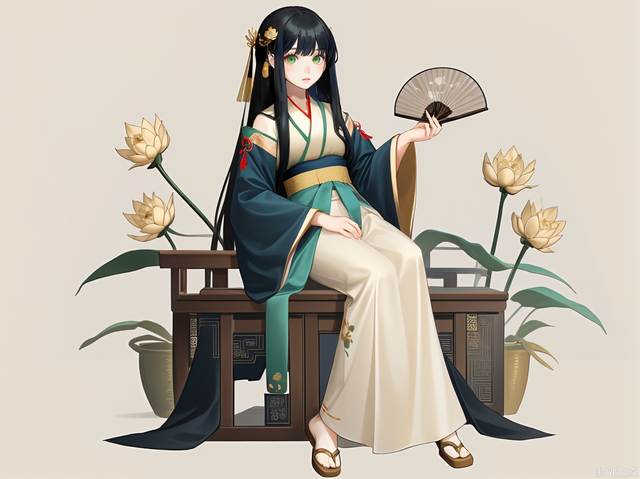 Hanfu, elegant shape, smooth lines, embroidery, clothes have cloud patterns, buckles, soft and elegant, green, beige, vermilion, Dai blue, full body photos, simple background, single person, round fan, golden lotus hairpin. A girl, long black hair, antique